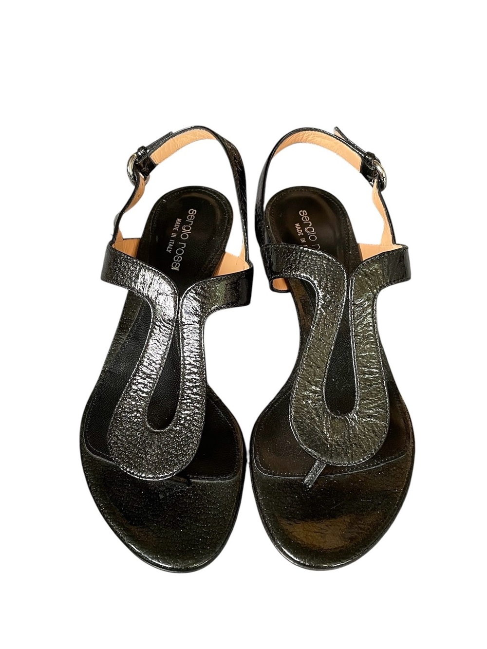 Sergio Rossi Black Patent Leather T-Strap Slingback Block Heel Sandals 37
